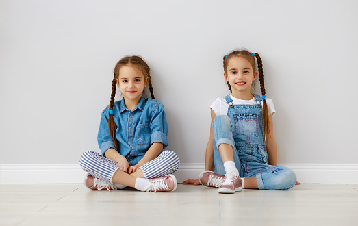 happy fun kids girls twins at the empty white wall