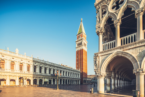 Famous Venetian Palazzo Ducale with view of Piazza San Marco and Campanile, Venice, Italy.