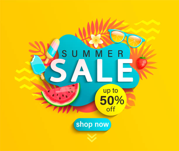 Summer Sale banner on yellow background. Summer Sale banner, hot season discount poster with tropical leaves,ice cream,watermelon, strawberries,sunglasses.Invitation for shopping with 50 percent off. special offer card, template for design. summer stock illustrations