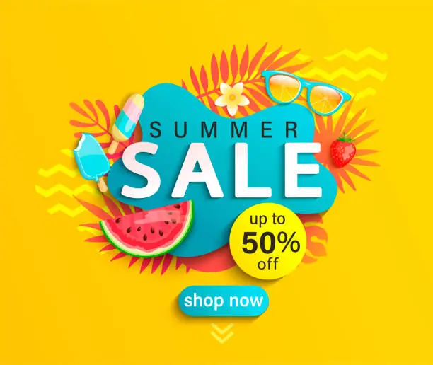 Vector illustration of Summer Sale banner on yellow background.