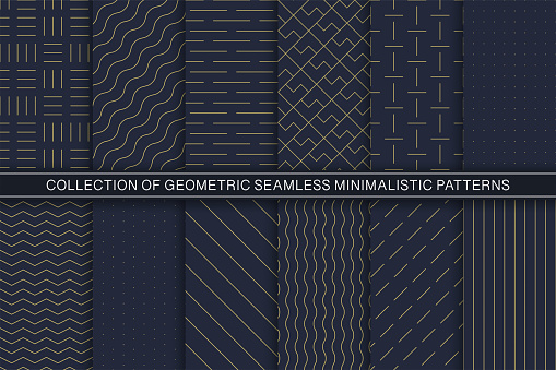 Collection of vector geometric seamless minimalistic patterns - simple goldish textures. Blue stylish endless backgrounds.