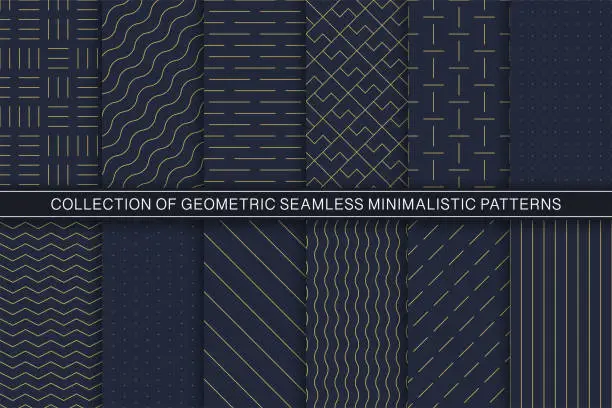 Vector illustration of Collection of vector geometric seamless minimalistic patterns - simple goldish textures. Blue endless backgrounds