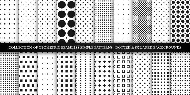 sammlung von vektorgeometrisch nahtlos einfache muster-gepunktete und quadratische texturen. dekorative schwarz-weiß-hintergründe-trendiges minimalistisches design - seamless background stock-grafiken, -clipart, -cartoons und -symbole