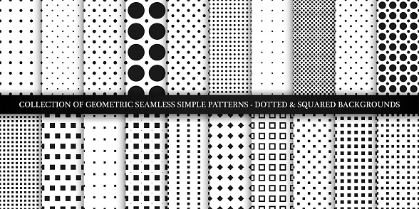 Collection of vector geometric seamless simple patterns - dotted and squared textures. Decorative black and white backgrounds - trendy minimalistic design.