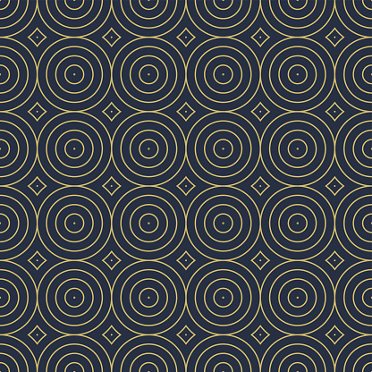 Vector seamless decorative pattern with geometric circles shapes. Abstract minimalistic blue background. Stylish golden texture.