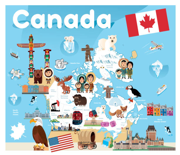 illustrazioni stock, clip art, cartoni animati e icone di tendenza di mappa di viaggio del canada - canadian flag canadian culture canada people