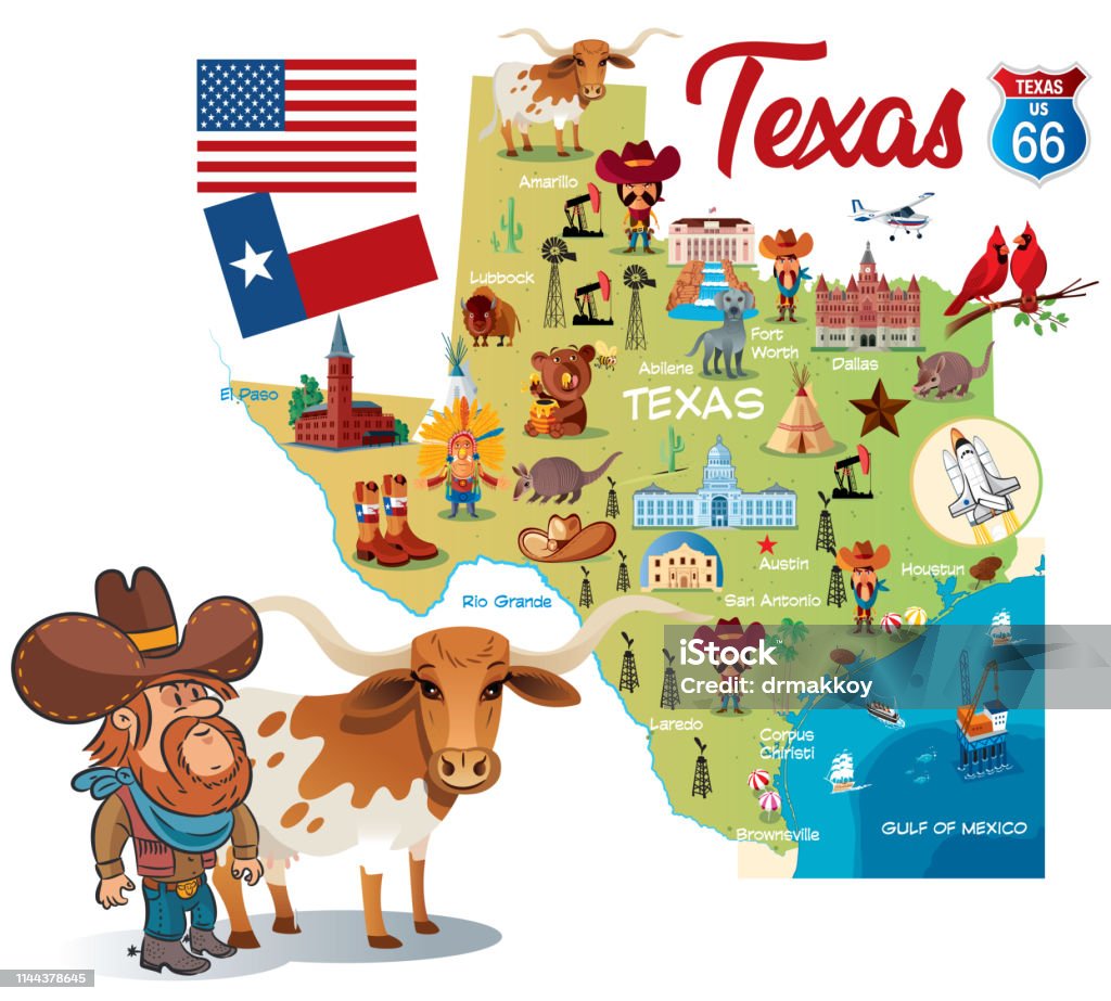 Ilustración de Mapa De Dibujos Animados De Texas y más Vectores Libres de Derechos de Texas - Texas, Mapa, Viñeta - iStock