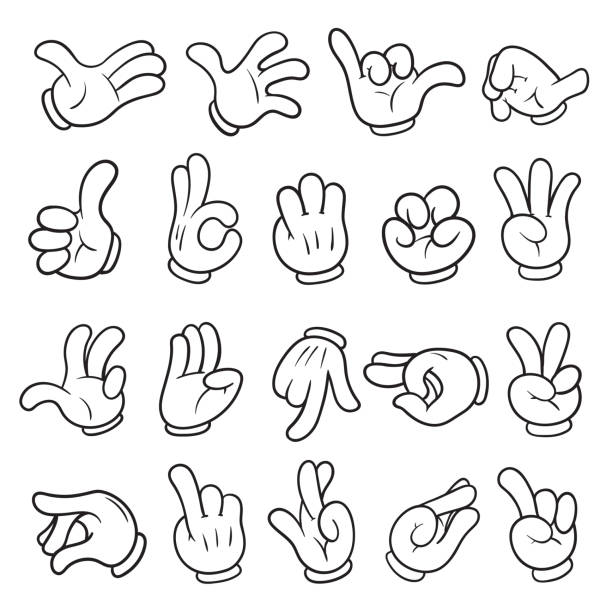 만화 재미 있는 그림 손 장갑 세트 - human thumb pointing human finger human hand stock illustrations