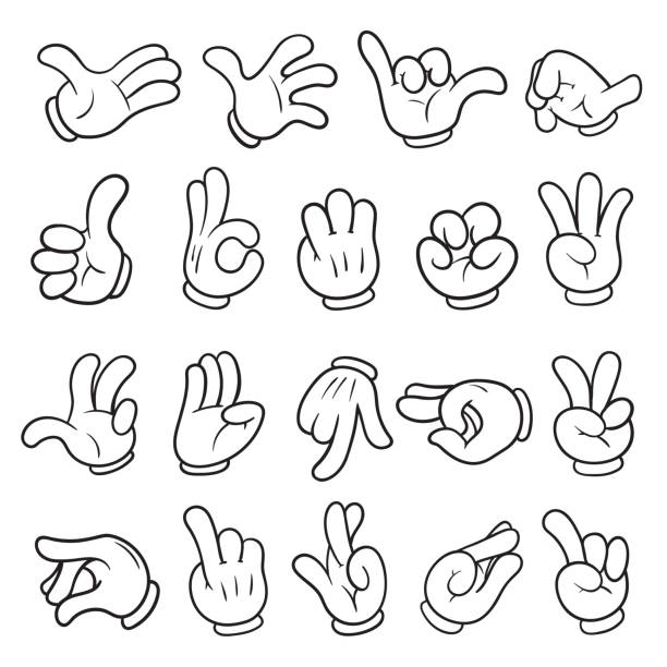 cartoon śmieszne ręce rysunek w rękawiczkach zestaw - hand sign index finger human finger human thumb stock illustrations