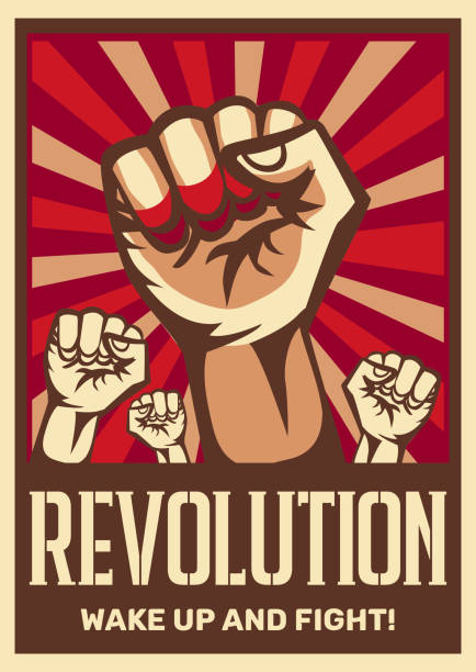 Revolution Propaganda Poster Raised fist vintage constructivist revolution communism promoting poster symbolizing unity solidarity with oppressed people fight vector illustration communism stock illustrations