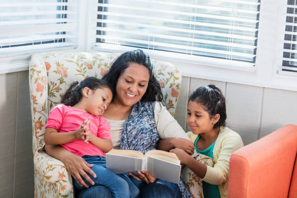 istock Hispanic mother reading to her two daughters 1144381546