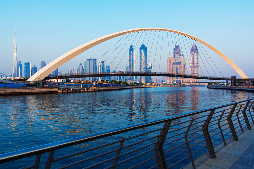 Panoramic view of Dubai from the water canal in the uae