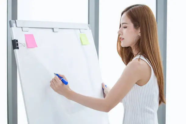 attractive business woman writing  on white board in office,work place meeting room