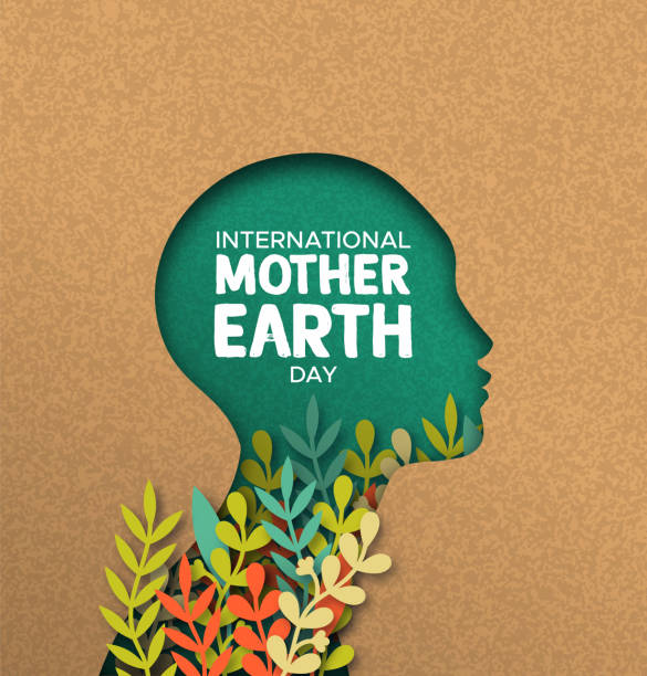 ilustrações, clipart, desenhos animados e ícones de cartão do dia da terra da cabeça da mulher do papercut com folhas - mother green sparse contemporary