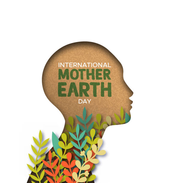 나뭇잎과 종이 컷 여자 머리의 지구의 날 카드 - mother green sparse contemporary stock illustrations