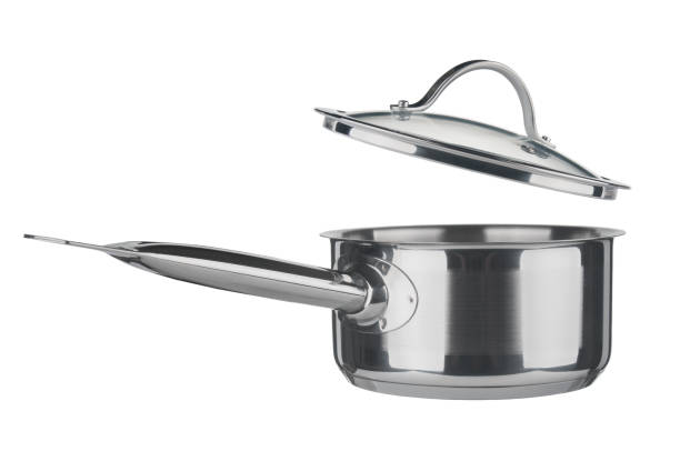 istock Stainless saucepan with lid closeup isolated on white background 1144383003