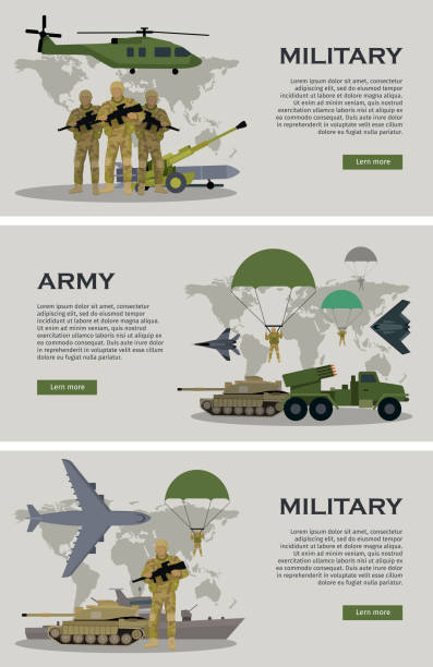 Military Infographic Banner with World Map. Vector Military infographic banners with world map on background. Military soldier or officer with weapons. Airborne and infantry troops. War and ammunition concept. Men in camouflage combat uniform. Vector military infographic elements stock illustrations