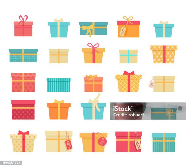 Set Of Colorful Gift Boxes With Ribbons And Bows - Arte vetorial de stock e mais imagens de Prenda - Prenda, Prenda de Natal, Caixa de presentes