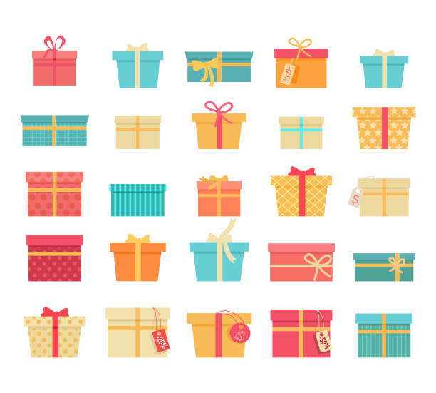 Set of Colorful Gift Boxes with Ribbons and Bows Set of colorful gift boxes with fashionable ribbons and bows isolated. Present box. Decorative stylish wrap for presents package. Modern packing product. Gifts collection web icon sign symbol. Vector gift illustrations stock illustrations