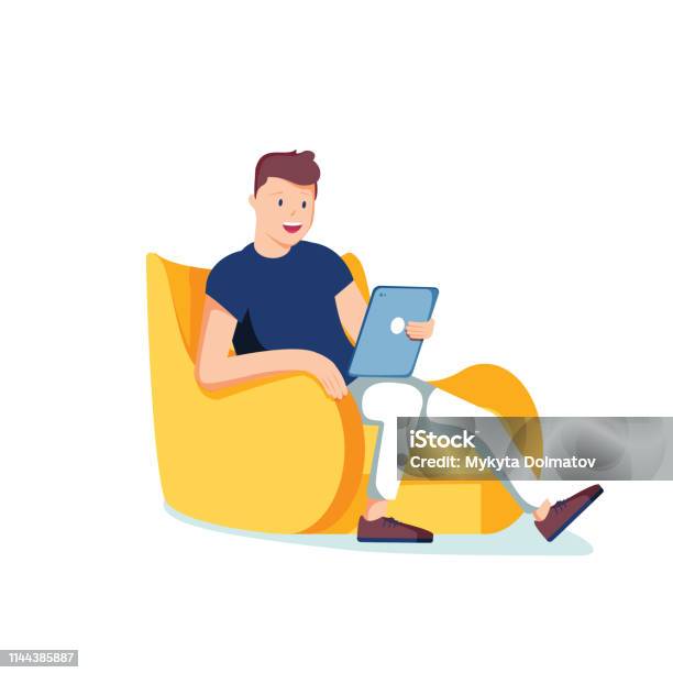 Internet Addiction A Waste Of Time On Social Networks A Man Holds A Tablet Sitting On The Couch Vector Illustration Stock Illustration - Download Image Now