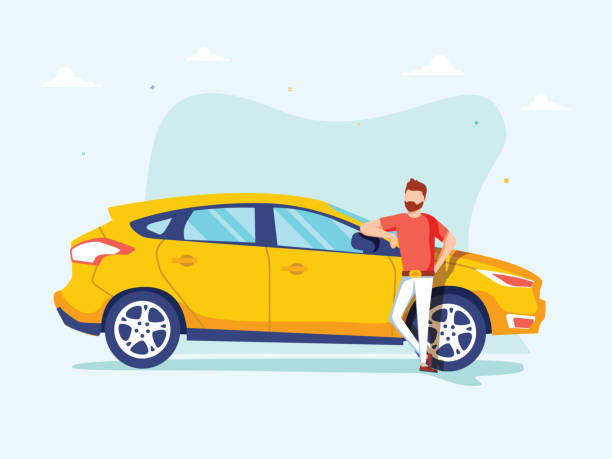 glücklich erfolgreicher mann steht neben einem gelben auto auf einem hintergrund. vector illustration im zeichentrickstil. - driving new car driver stock-grafiken, -clipart, -cartoons und -symbole