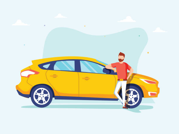 illustrations, cliparts, dessins animés et icônes de heureux homme réussi est debout à côté d’une voiture jaune sur un fond. illustration vectorielle dans le style de dessin animé. - voiture