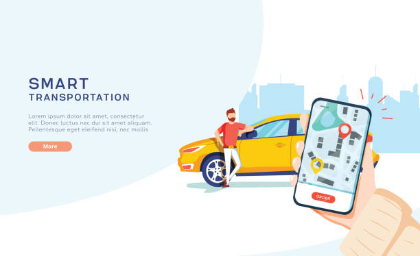 ilustraciones, imágenes clip art, dibujos animados e iconos de stock de concepto de ilustración vectorial de transporte de ciudad inteligente, compartir coche en línea con personaje de dibujos animados y smartphone - transportation delivering land vehicle car