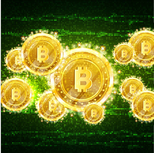 istock Golden bit coins flying on green information noise background 1144386279