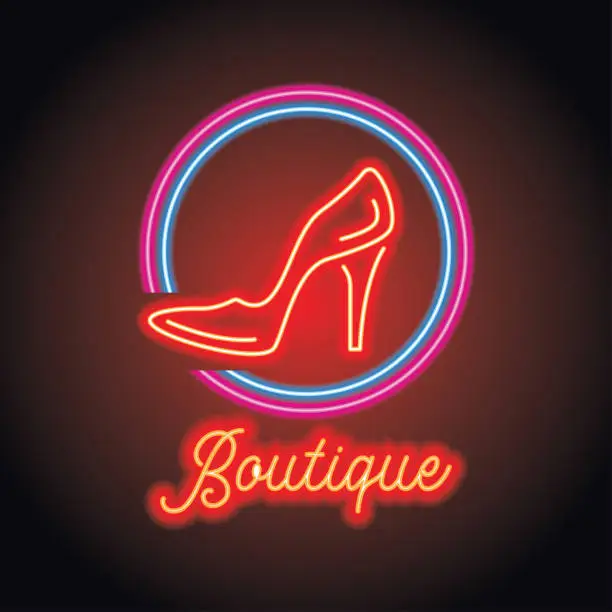 Vector illustration of boutique advertisement plank with neon light effect. vector illustration