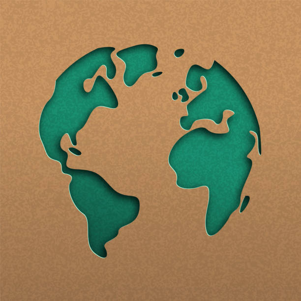 illustrazioni stock, clip art, cartoni animati e icone di tendenza di mappa del mondo del taglio della carta verde sulla carta riciclata - risorse sostenibili illustrazioni