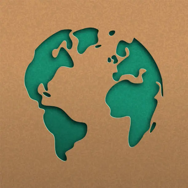 Vector illustration of Green papercut world map on recycled paper