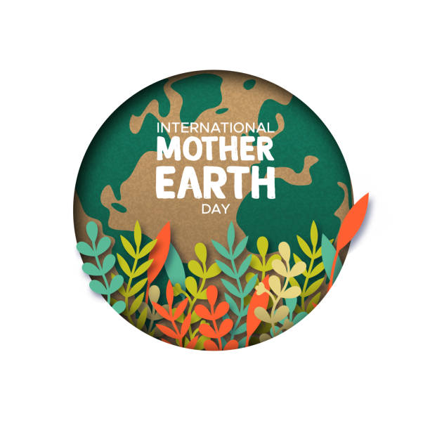 ilustraciones, imágenes clip art, dibujos animados e iconos de stock de tarjeta de día de la tierra de hojas cortadas en papel y mapa del mundo - mother nature