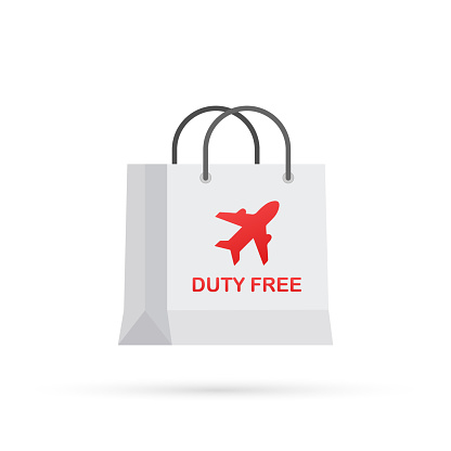 Shopping duty free paper bag. Cartoon cute icon shop sale packaging. Vector stock illustration.
