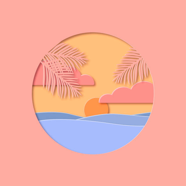 Tropical sunset paper cut vector illustration. Tropical sunset paper cut vector illustration. Pastel shades image with palm tree leaves, sea waves, clouds and sun. Template perfect for cards, posters, backgrounds. papercutting illustrations stock illustrations