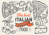 Pizza illustration for restaurant on vintage background. Vector hand drawn poster for food cafe and italian cuisine truck. Design with lettering and doodle graphic vegetables.
