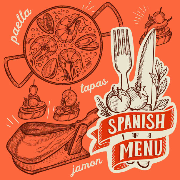 Spanish cuisine illustrations - tapas, paella, sangria, jamon, churros, calcots, turron for restaurant. Vector hand drawn poster for catalan cafe and bar. Design with lettering and doodle vintage graphic. Spanish illustrations - tapas, paella, sangria, ham, churros, calcots, nougat spanish food stock illustrations