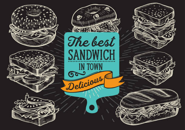 Sandwich illustration - bagel, snack, hamburger for restaurant. Vector hand drawn poster for cafe and fast food truck. Design with lettering and doodle vintage graphic. Sandwich illustration - bagel, snack, hamburger for restaurant chalkboard menu template stock illustrations