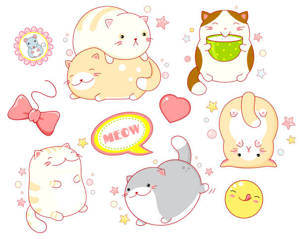 Set of cute cats in kawaii style Collection of stickers with cute cats in kawaii style in different situations eating, sleeping, running, playing. EPS8 kawaii cat stock illustrations
