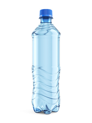 Small plastic bottle of still water with blue cap isolated on white background. Front view close-up. 3D illustration