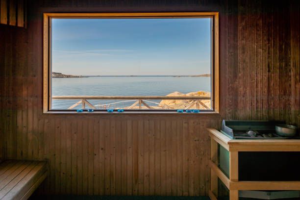 Sauna with a beautiful view Sauna with a beautiful view over the sea swedish sauna stock pictures, royalty-free photos & images