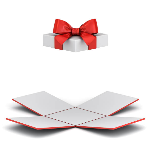 Open gift box or unfold present box with red ribbon bow isolated on white background with shadow 3D rendering Open gift box or unfold present box with red ribbon bow isolated on white background with shadow 3D rendering unfolded stock pictures, royalty-free photos & images