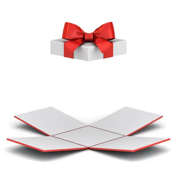 Open gift box or unfold present box with red ribbon bow isolated on white background with shadow 3D rendering