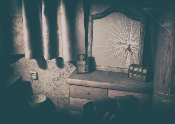 Vintage illustration of a scary scene of a broken mirror, cobwebs, a portrait, and blood.