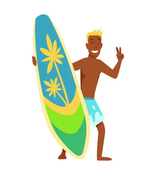 Vector illustration of Young man surfboarder with surfboard and sunglasses vector illustartion