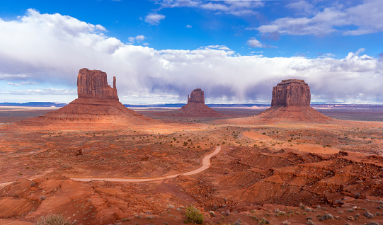 Buttes in Monument Valley, Arizona, under a nicely clouded sky