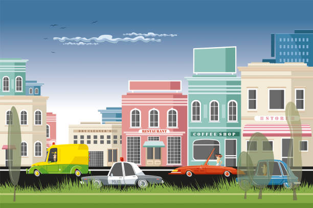 ilustraciones, imágenes clip art, dibujos animados e iconos de stock de el tráfico de la ciudad pequeña - small town illustrations