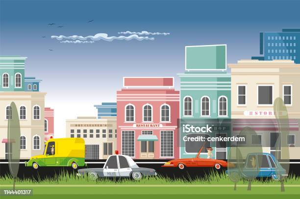 Small Town Traffic Stock Illustration - Download Image Now - Small Town America, Small Town, Illustration