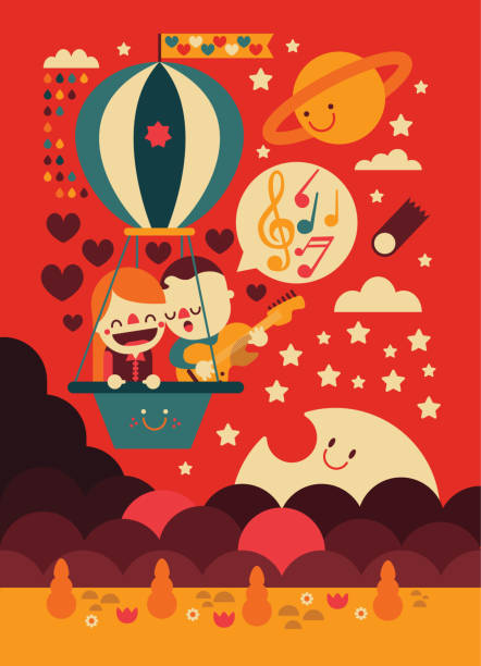 szczęśliwa kawaii para latające na gorące powietrze balon i śpiewać o szczęściu i miłości - childrens music stock illustrations