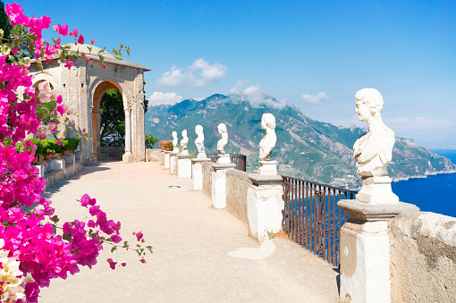 beautiful details of Ravello village with flowers, Amalfitana coast of Italy at summer