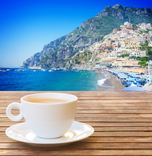 Amalfi coast cafe, Italy cafe with view of summer Positano old town with sea water, Italy table ledge stock pictures, royalty-free photos & images